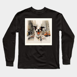 Mad Collie Dog in the city Long Sleeve T-Shirt